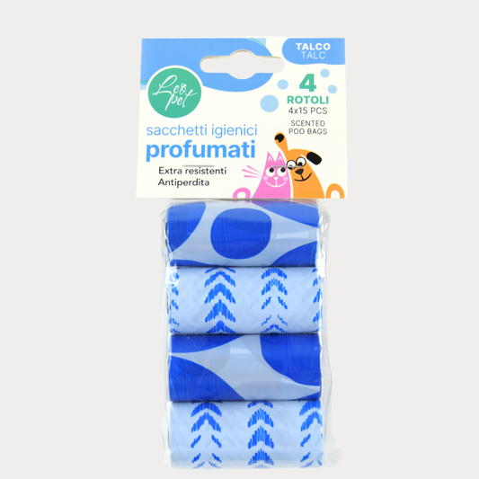 LeoPet - Sacchetti igienici Extra Resistenti al profumo di Talco 4 rotoli x 15 Pz